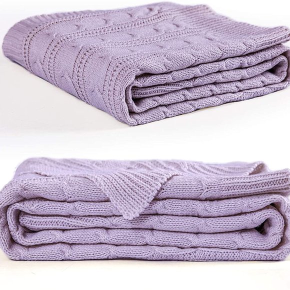 LIlac Purple Cozy Knit Cable Knit Weave Pattern Decorative Bed Accent Blanket - Picture 5 of 9